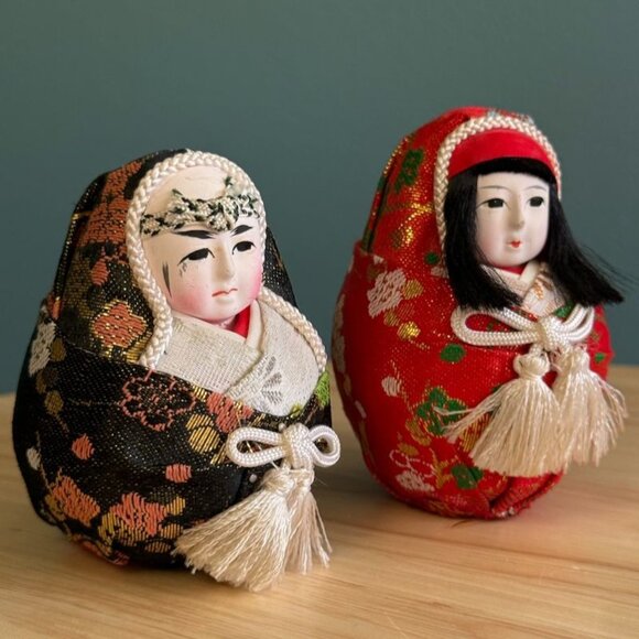 Vintage Japanese Wedding Doll Couple Roly-Poly Hime Daruma Gofun Face 4.5" Tall - Picture 3 of 10